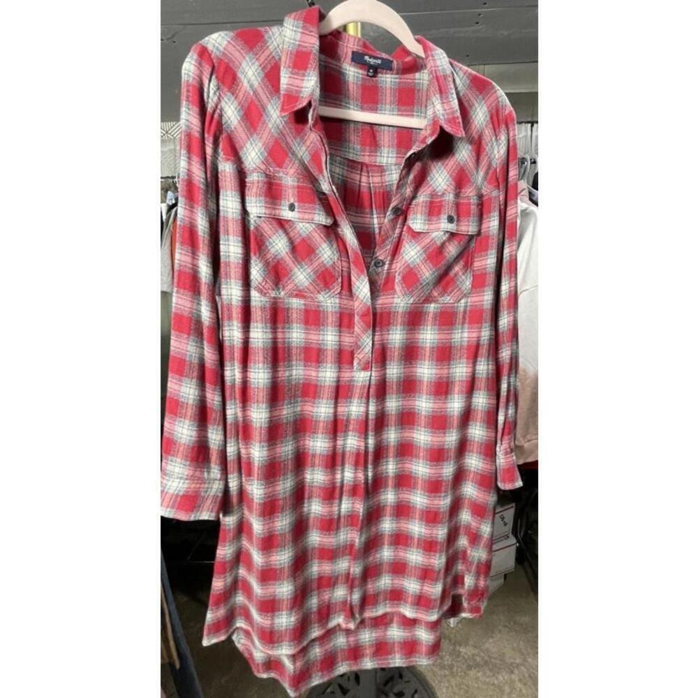 Madewell Red Plaid Flannel Shirt Dress Buttons Pockets Size Medium